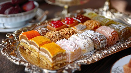 Naklejka premium fresh sweets kunafa cream dish plate tray waiter complexion paten