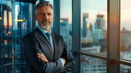 Fototapeta premium Confident senior business leader in a modern office, dressed in a formal suit and tie