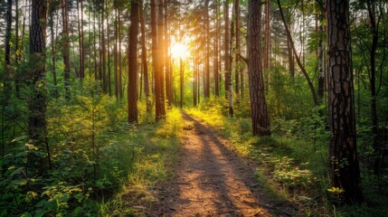 Obraz premium A path through a forest with a sun shining through the trees