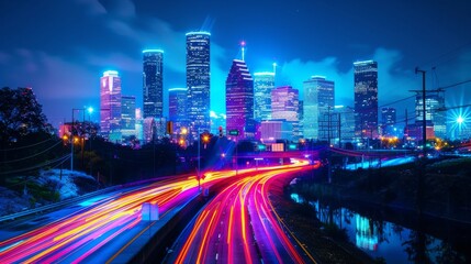 Fototapeta premium A city at night with a highway in the middle