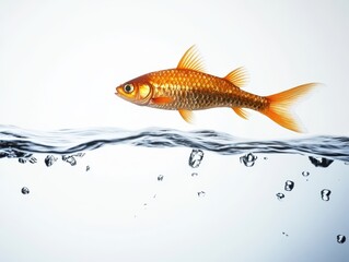 A vibrant goldfish swims gracefully above a shimmering water surface with bubbles, showcasing its bright orange scales and flowing fins.