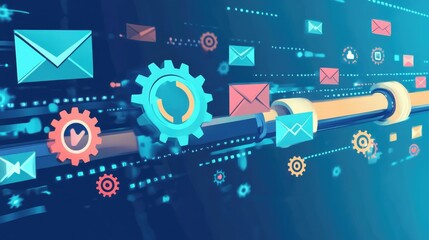 Obraz premium Emails flowing through a digital pipeline with automation gears and spam filters, symbolizing effective email campaign management