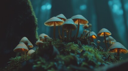 A cluster of luminescent mushrooms glows softly in a dark, misty forest, surrounded by lush moss and an enchanting atmosphere.