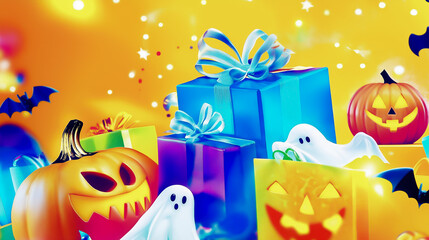 This vibrant Halloween banner showcases an array of colorful gifts alongside cheerful pumpkins and playful ghosts, creating a festive atmosphere for holiday promotions
