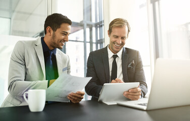 Businessmen, tablet and paperwork for legislation in office, problem solving and meeting for...