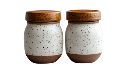 a pair of ceramic jars with lids. The jars are round and have a white base with small black speckles scattered across it.