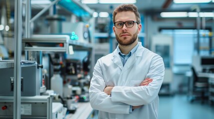 A man in a white lab coat stands in front of a lab bench with his arms crossed