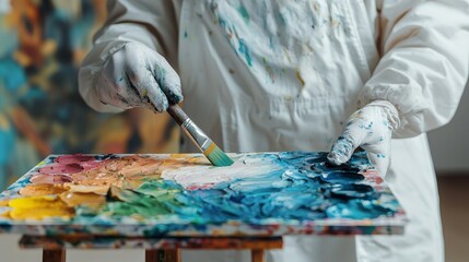 Fototapeta premium Person mixing vibrant paint colors on a palette in a creative studio setting.