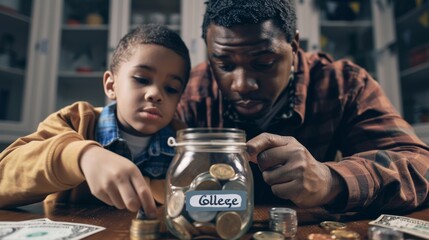 A man and a boy are sitting at a table with a jar full of coins