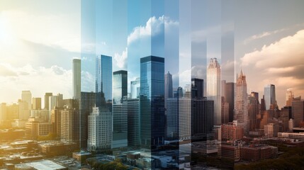Obraz premium A vibrant city skyline showcases modern skyscrapers under a dramatic sky, blending architectural beauty with a colorful atmosphere.