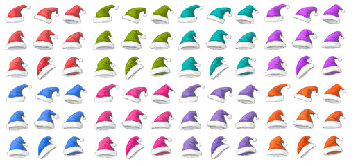 Santa's New Year's hats, watercolor clipart, illustration, Santa's hat set on a transparent background