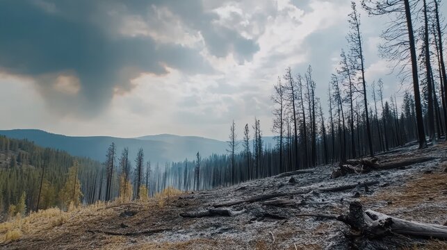 A haunting landscape featuring charred trees and smoke rising in a dramatic sky, highlighting the aftermath of a forest fire.