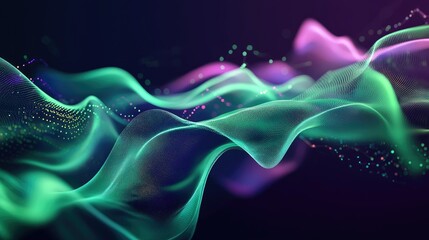 Obraz premium Flowing shapes in green and violet, symbolizing data science, dynamic analysis, and Julia's programming power. Abstract, futuristic style
