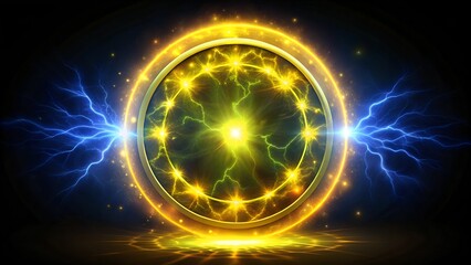 Obraz premium Abstract golden energy circle with electric arcs on a dark background.