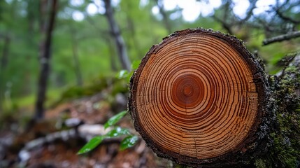 A close-up view of a tree stump, showcasing its intricate growth rings against a lush green forest backdrop.