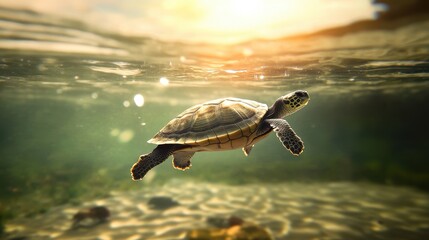 Obraz premium A turtle swims gracefully under water with sunlight filtering through, creating a serene and beautiful aquatic scene.