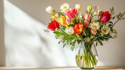Obraz premium Fresh spring flowers arranged in a vase, with a calm backdrop providing generous copy space for your design
