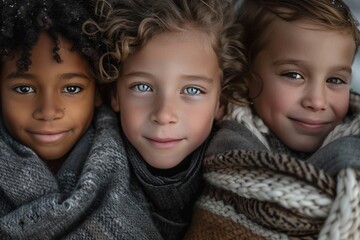 Three diverse children of different races, a white girl with curly hair and blue eyes in the center