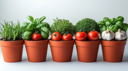 A row of potted herbs and vegetables on a neutral background.