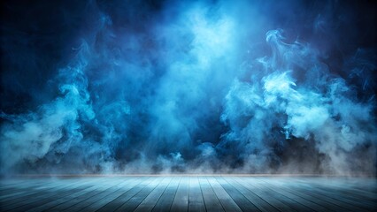 Mystical blue fog on a wooden floor creates an enchanting atmosphere for creative projects.