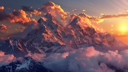 Obraz premium A mountain range with a beautiful sunset in the background