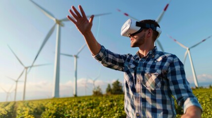 A man wearing a virtual reality headset is standing in a field of wind turbines
