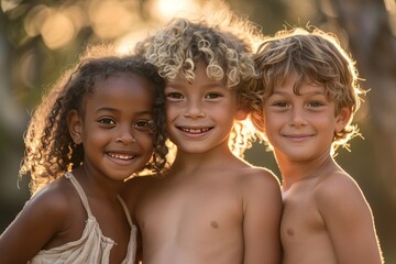 Three diverse children, one black girl with curly hair and brown skin smiling at the camera