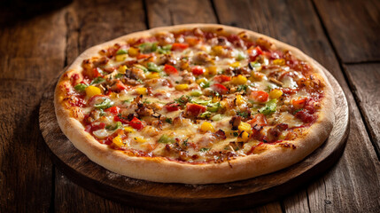 A freshly baked pizza with bubbling cheese and vibrant toppings, set on a rustic wooden table with warm, inviting lighting--mouth-watering and irresistibly delicious