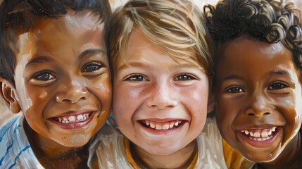 A close-up portrait of three children with diverse skin tones