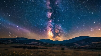 The sky is filled with stars and a large cloud of milk