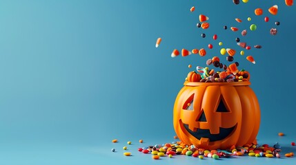 Halloween jack o lantern bucket overflowing with candy side view isolated on a blue background