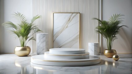 Modern interior with marble pedestal, framed artwork, and elegant plants in stylish pots.
