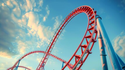A roller coaster with a red track and blue and white cars