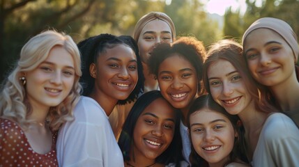 Fototapeta premium A diverse group of friendly young women, all smiling and standing together