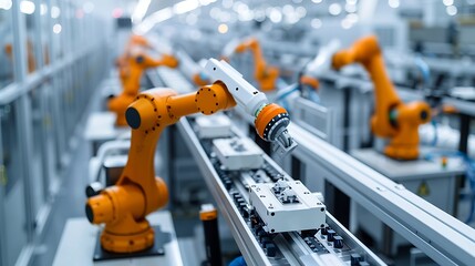 Robotic assembly line in high-tech factory, industry 4.0: A state-of-the-art robotic assembly line operates in a high-tech factory, showcasing the efficiency and precision of Industry 4.0 technology. 