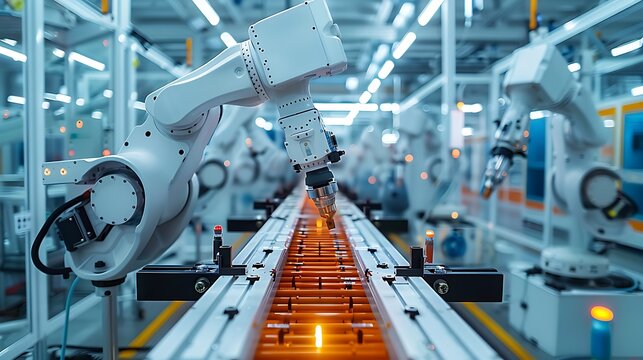 Robotic assembly line in high-tech factory, industry 4.0: A state-of-the-art robotic assembly line operates in a high-tech factory, showcasing the efficiency and precision of Industry 4.0 technology. 