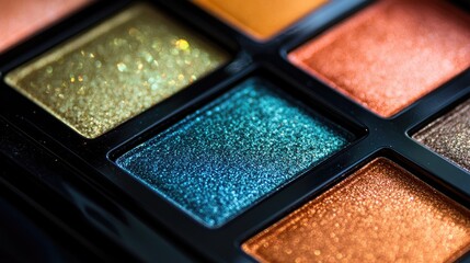 Fototapeta premium Close-up of a metallic eyeshadow palette with bold shades, no branding, highlighting the vibrant pigments, no people.