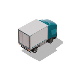 3D Isometric Cargo Truck Photoreal Vector Illustration Modern Cyan Cabine and White Van City Delivery Vehicle 4x2 Design for Logistics and Transport Presentation Social Media Video Promo Back Right