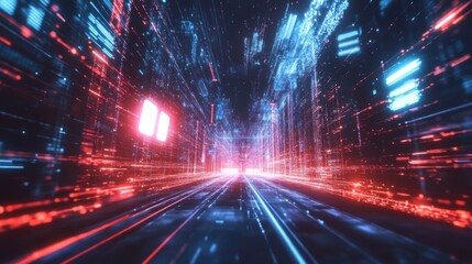5G technology visual with fast-moving data lines, mobile towers, and devices, representing ultra-fast connectivity.