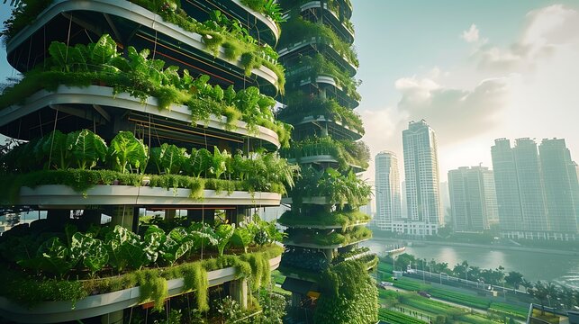 Innovative urban farming company, vertical agriculture: An innovative urban farming company leads the way in vertical agriculture, growing fresh produce in towering structures within the heart 