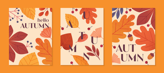 Autumn seasonal posters with leaves,ginkgo,berries,acorns and plants in fall colors.Vector modern illustrations.Trendy autumn templates for prints,ad,social media marketing,branding,packaging,covers.