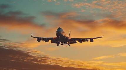 Fototapeta premium Airplane Landing at Sunset