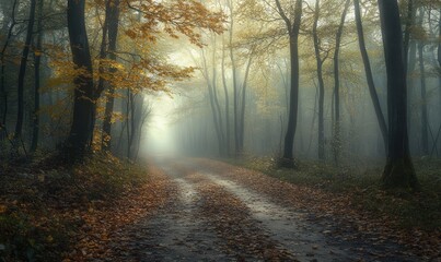 Fototapeta premium Misty Forest Path in Autumn