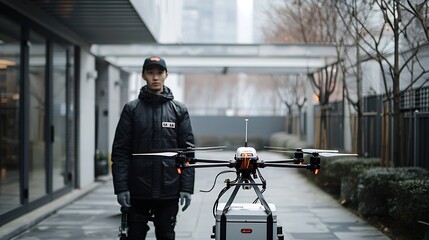Drone delivery service headquarters, fleet management: The headquarters of a drone delivery service hums with activity as a team manages the fleet, coordinating efficient and timely deliveries 