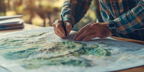 A person closely examining and marking a detailed map on a wooden table, showcasing exploration and adventure themes.