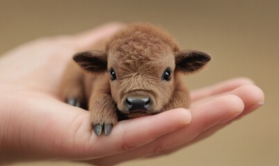 Fototapeta premium Adorable baby bison in a human hand