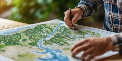 A person studying a detailed map, tracing routes with a pen, exploring landscapes and planning an adventure outdoors.