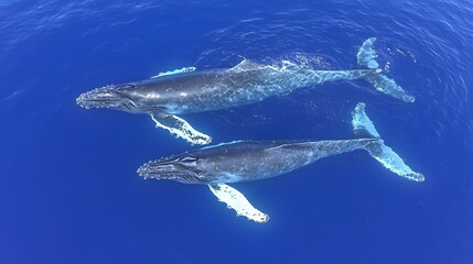 Fototapeta premium Two majestic humpback whales swimming gracefully in deep blue ocean waters.