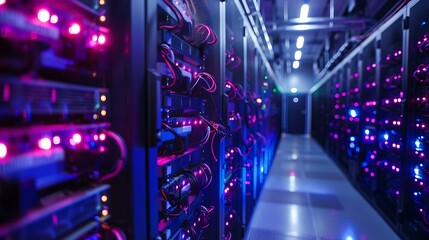 Cryptocurrency mining farm, rows of powerful computers: Rows of powerful computers hum in a cryptocurrency mining farm, their relentless processing power driving the blockchain and generating 