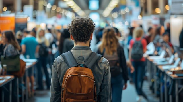 Crowded job fair with company booths and job seekers: A bustling job fair features rows of company booths, where eager job seekers meet with recruiters and explore new career opportunities in 